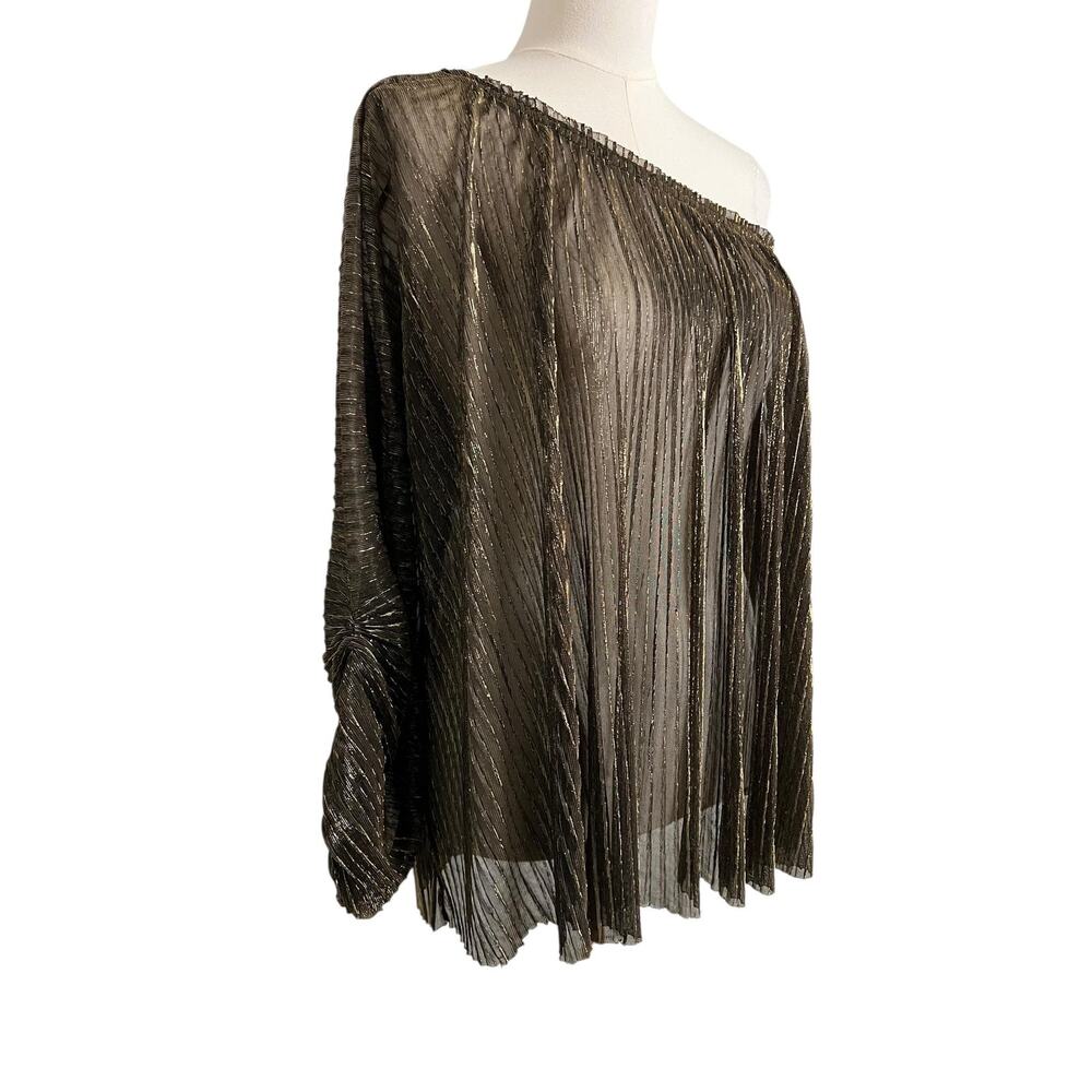 MM Couture By Miss Me One Shoulder Blouse XL XXL Gold Metallic Pleated Sheer - Picture 2 of 9
